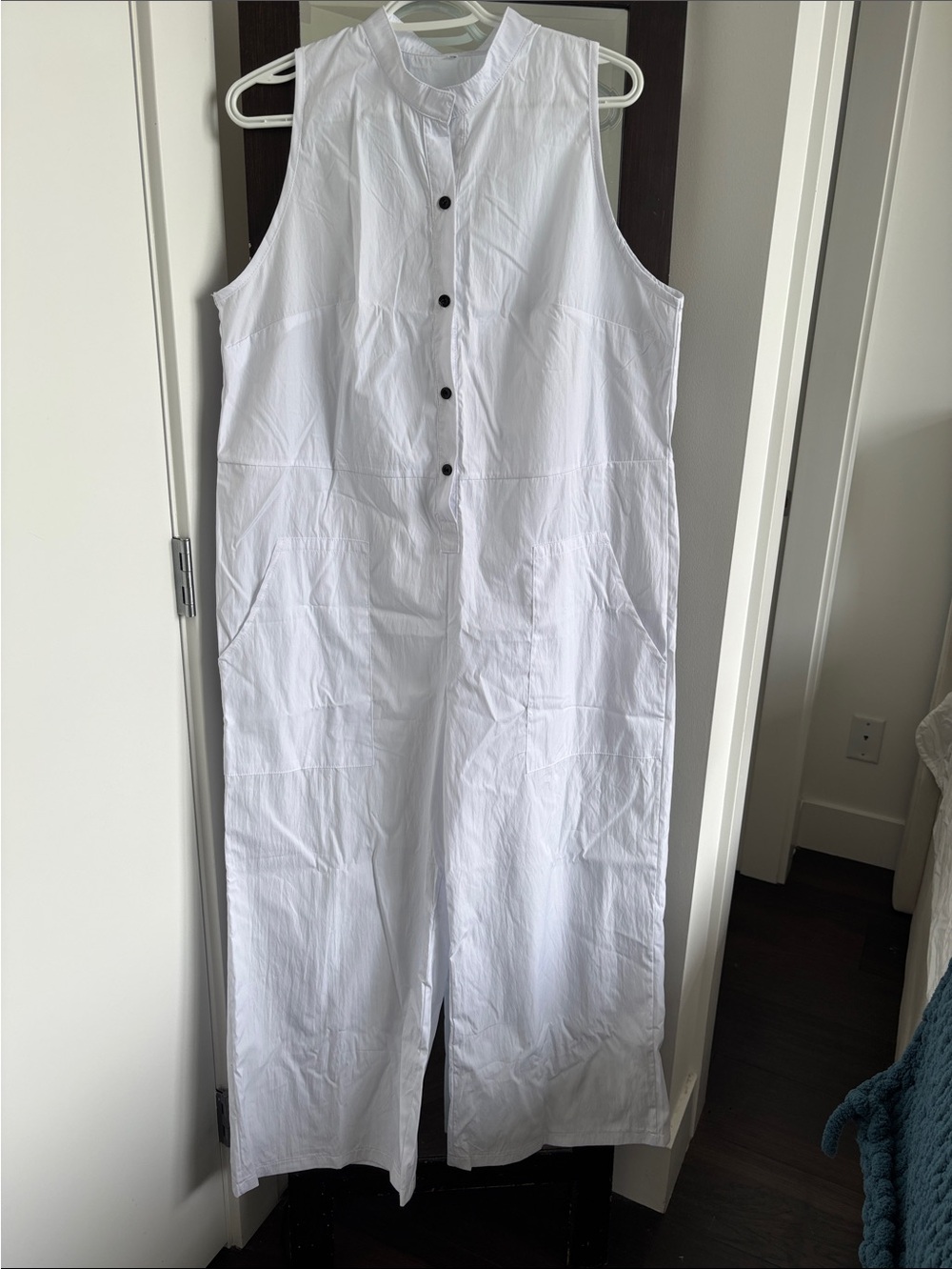 Sleeveless White Button-Front Cotton Jumpsuit